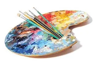 Paleta de tintas e pincéis
